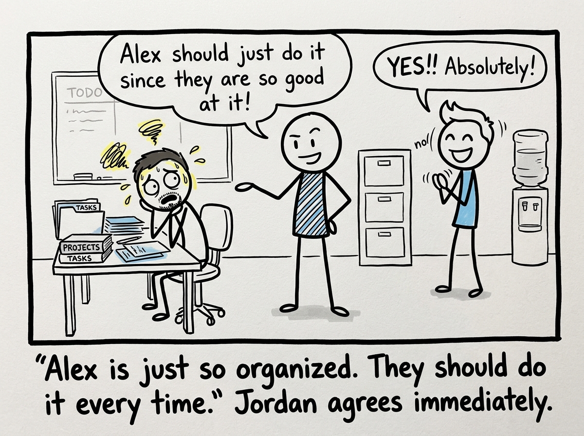 A team member suggesting 'Alex should just do it since they are so good at it' while Alex looks trapped and Jordan nods enthusiastically in the background
