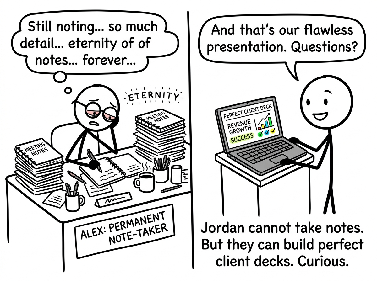 Alex permanently stuck taking notes at every meeting for the rest of eternity, while Jordan produces a flawless client presentation on their laptop -- mysteriously competent when it counts