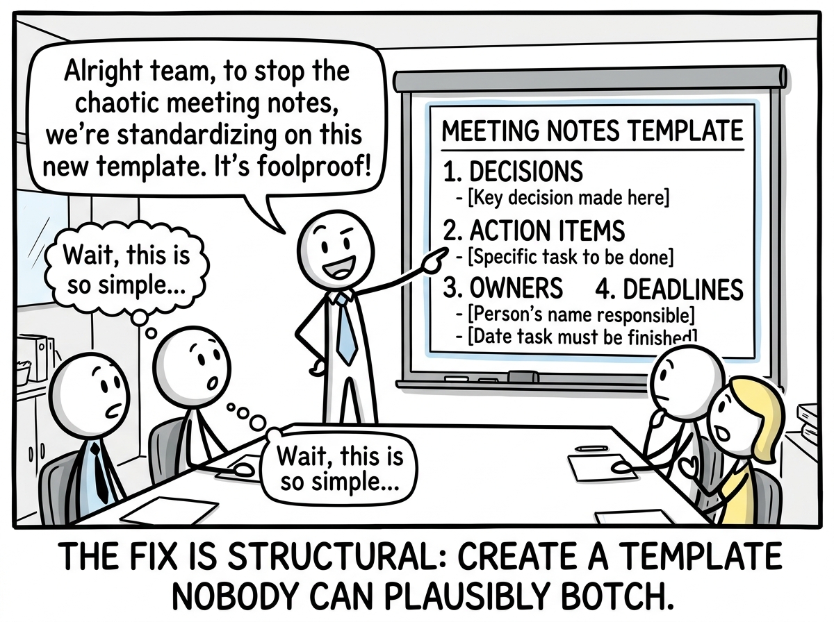 A team lead introducing a standard meeting notes template with required sections: decisions, action items, owners, and deadlines