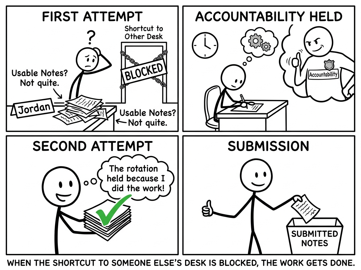 Jordan resubmitting usable notes after the second attempt, the rotation holding because accountability held