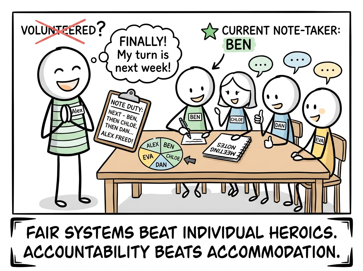 The team rotating note duty fairly, everyone contributing, Alex freed from the permanent role they never volunteered for