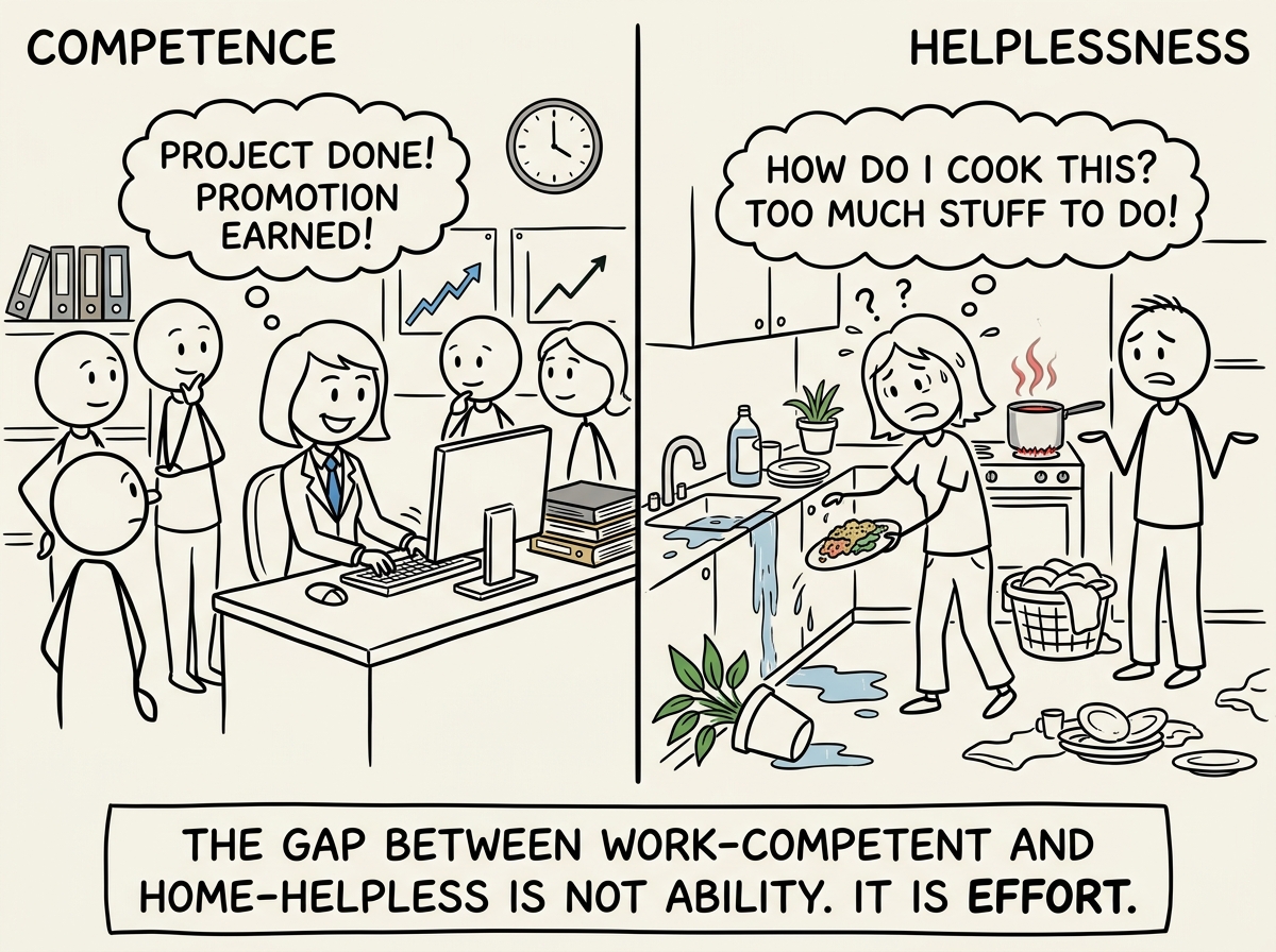 A stick figure noticing the pattern — their partner fails at home tasks but excels at work, shown as a split screen of competence versus helplessness