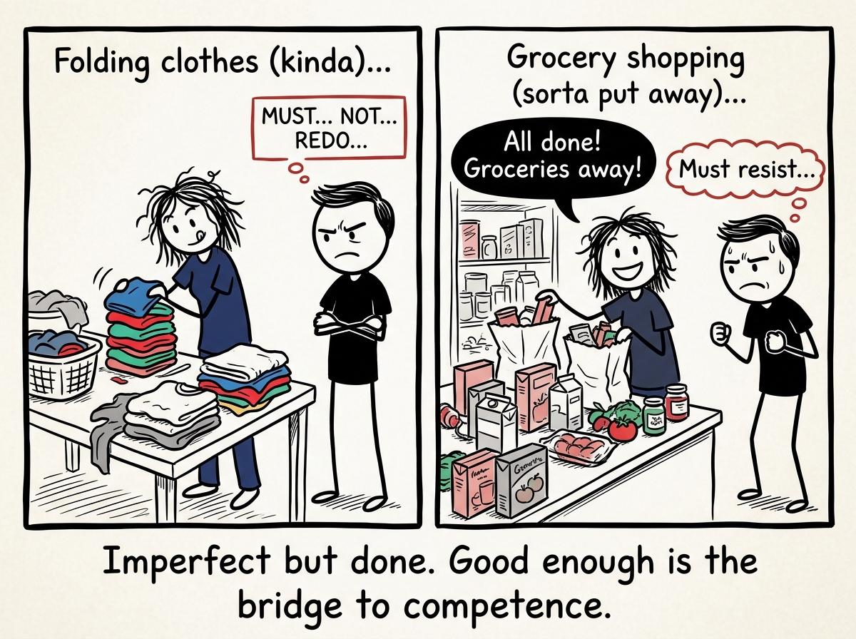 The partner doing the task imperfectly — the laundry folded differently, the groceries slightly off — but the stick figure resisting the urge to redo it