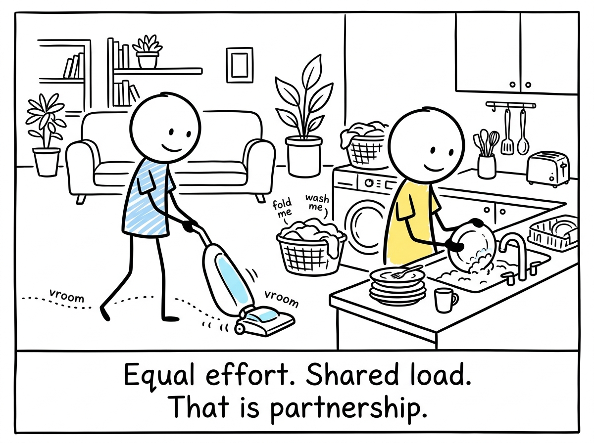 Both figures sharing household tasks side by side, neither one drowning while the other relaxes, the labor visibly balanced