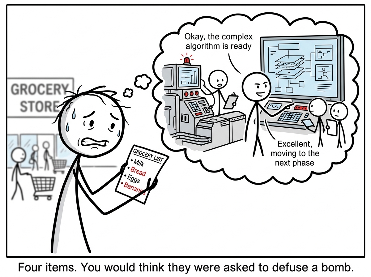 A person holding a simple four-item grocery list looking overwhelmed in the store entrance, while a thought bubble shows them confidently navigating complex tasks at their job