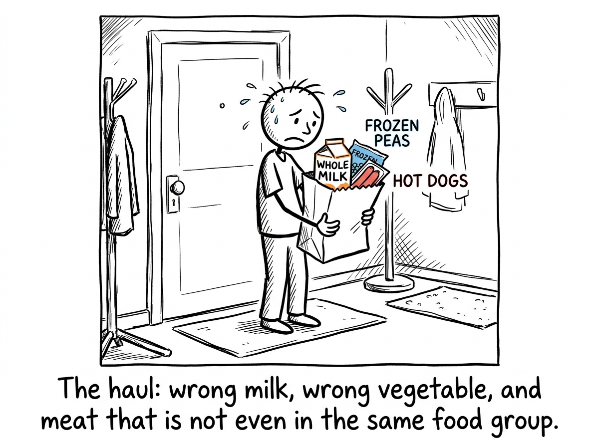 The person arriving home with a bag containing completely wrong items: whole milk instead of oat, frozen peas instead of fresh broccoli, hot dogs instead of chicken, looking helpless