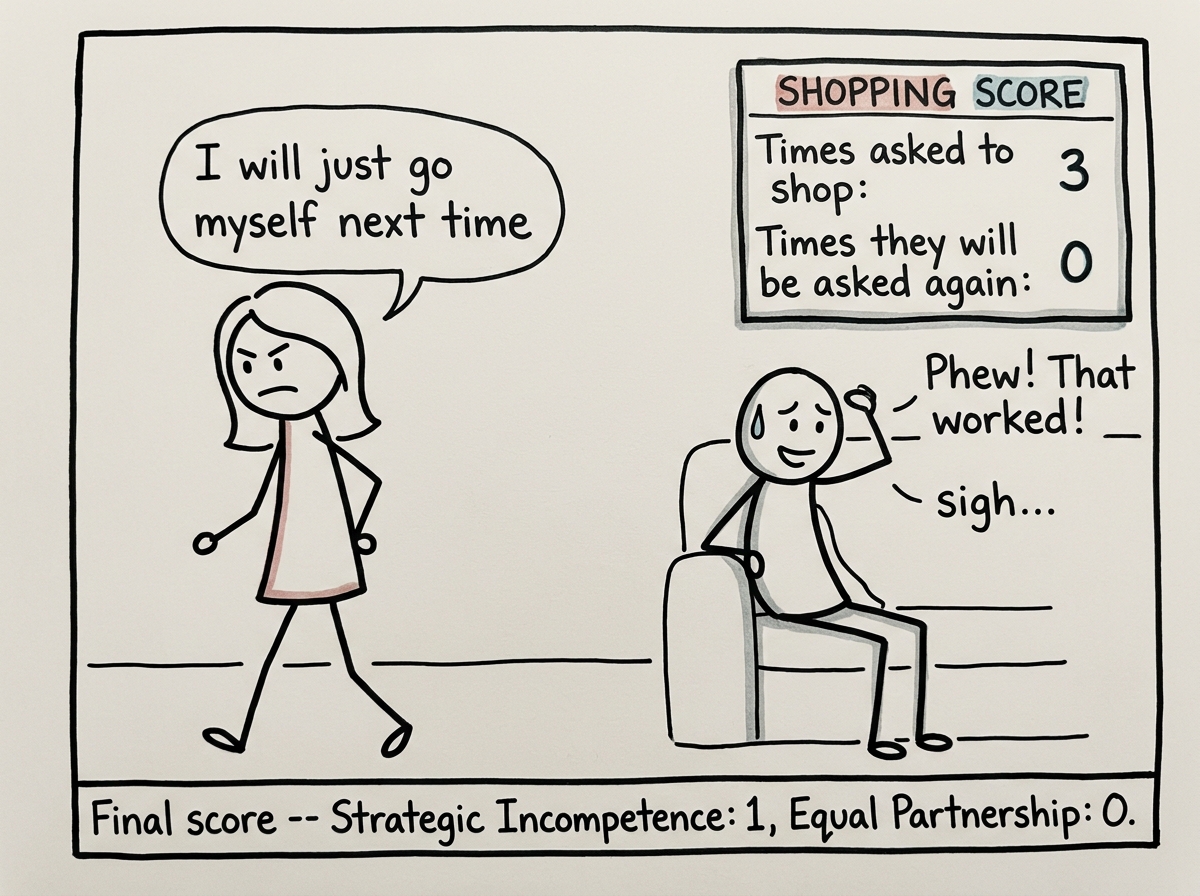 The partner saying 'I will just go myself next time' while the person sits down relieved, a small scoreboard in the corner showing 'Times asked to shop: 3, Times they will be asked again: 0'