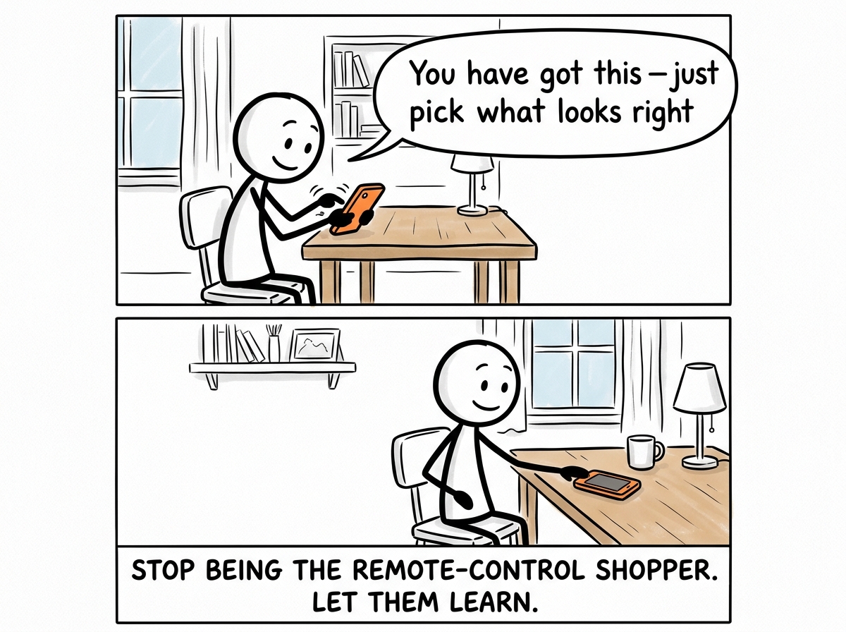 The stick figure texting back 'You have got this — just pick what looks right' and putting the phone down