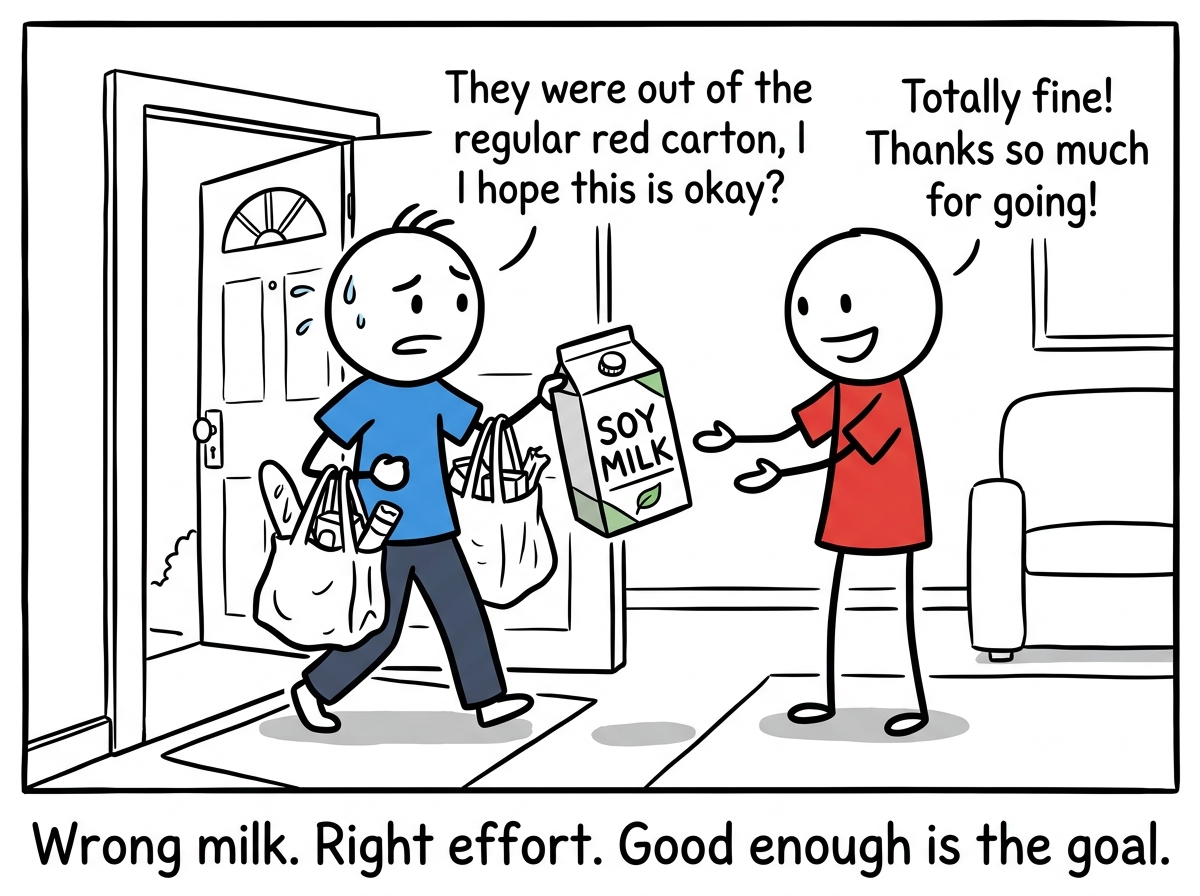 The partner arriving home with slightly wrong items, the stick figure accepting them without redoing the trip or sighing