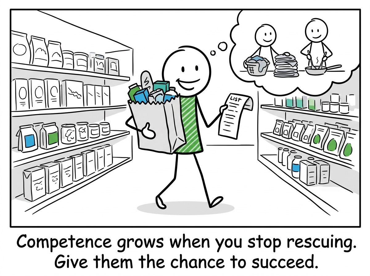 The partner confidently shopping alone next time, no texts needed, both figures sharing the household load equally
