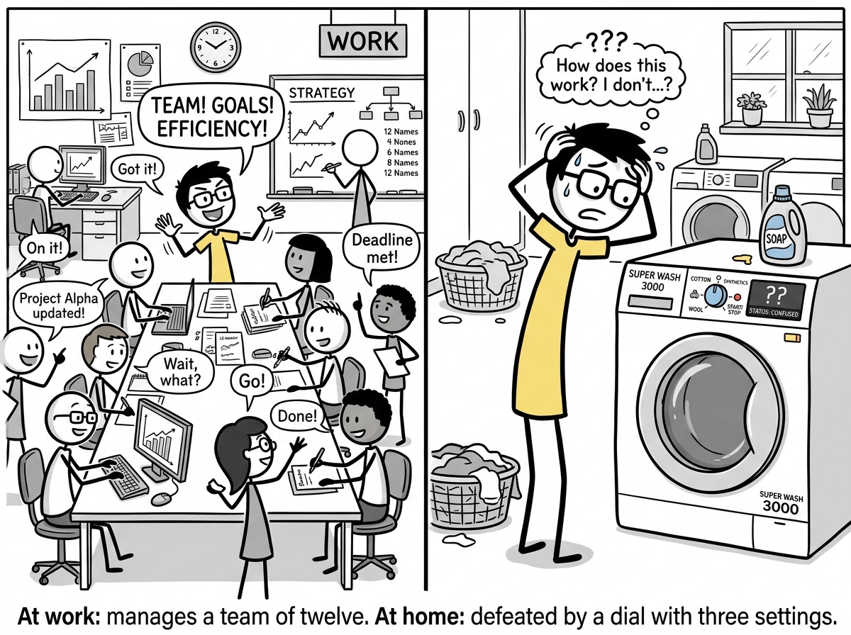A person standing in front of a washing machine looking at it like it is a spaceship control panel, with exaggerated confusion while at work they confidently manage complex tasks shown in a thought bubble