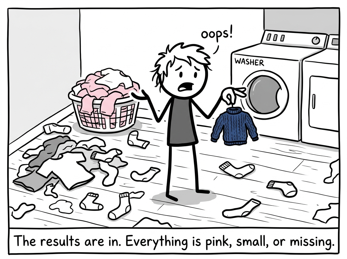 The laundry results: a tiny shrunken sweater held up with two fingers, white clothes turned pink, socks everywhere, the person shrugging with an 'oops' expression