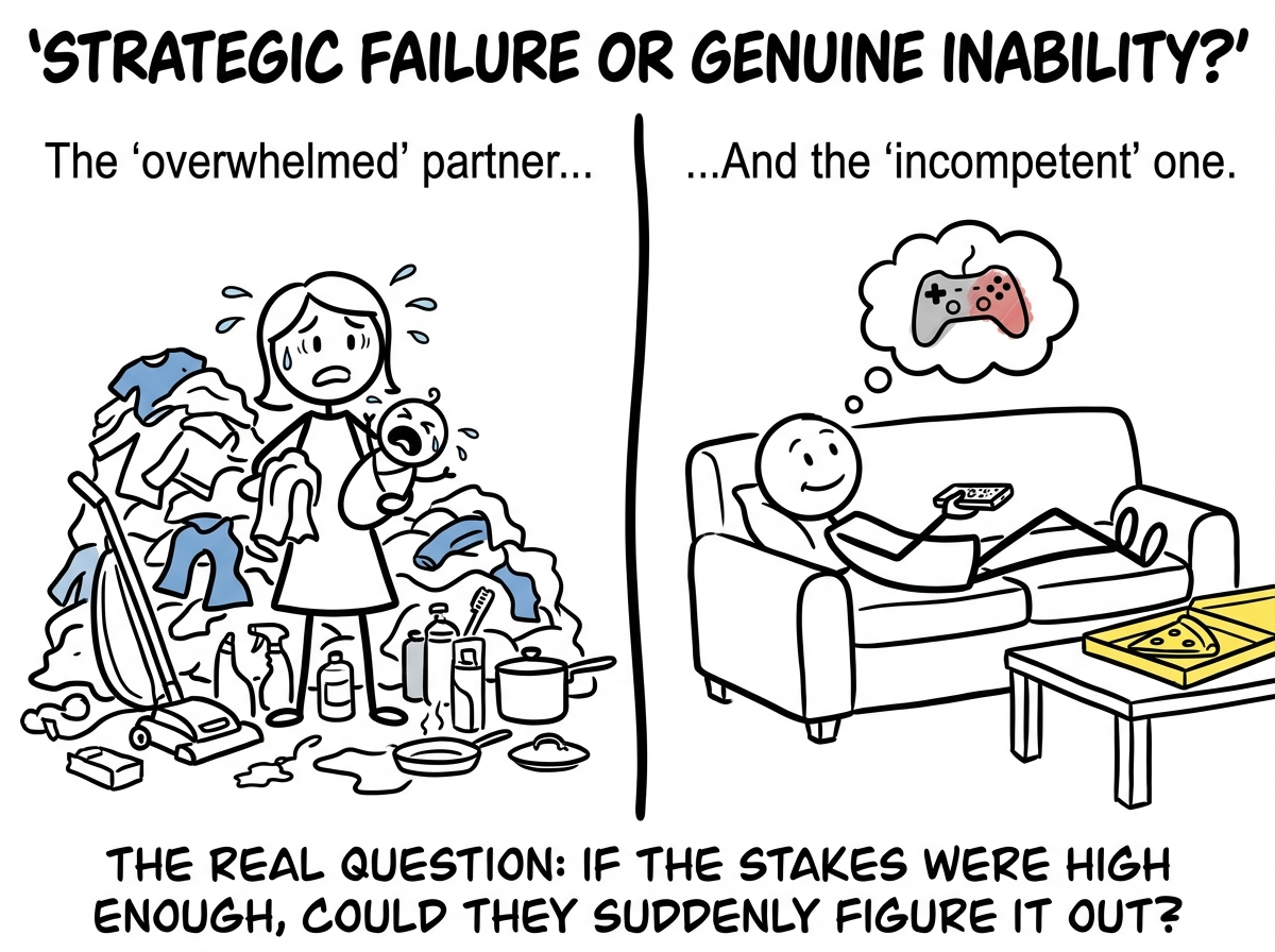 A split screen: the partner drowning in laundry and household tasks on one side, and the 'incompetent' person relaxing on the couch on the other. A caption asks 'Strategic failure or genuine inability?'