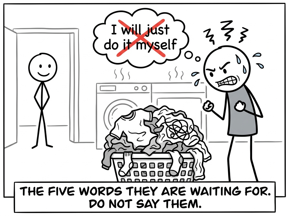 A stick figure looking at a load of badly done laundry, resisting the urge to redo it and say 'I will just do it myself'