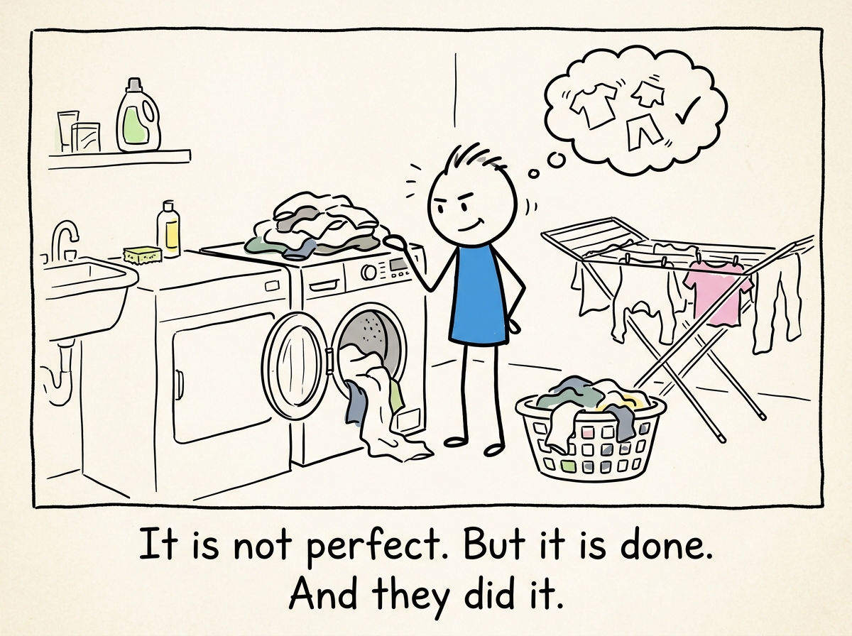 The partner redoing the laundry themselves, imperfectly but independently, no one swooping in to take over