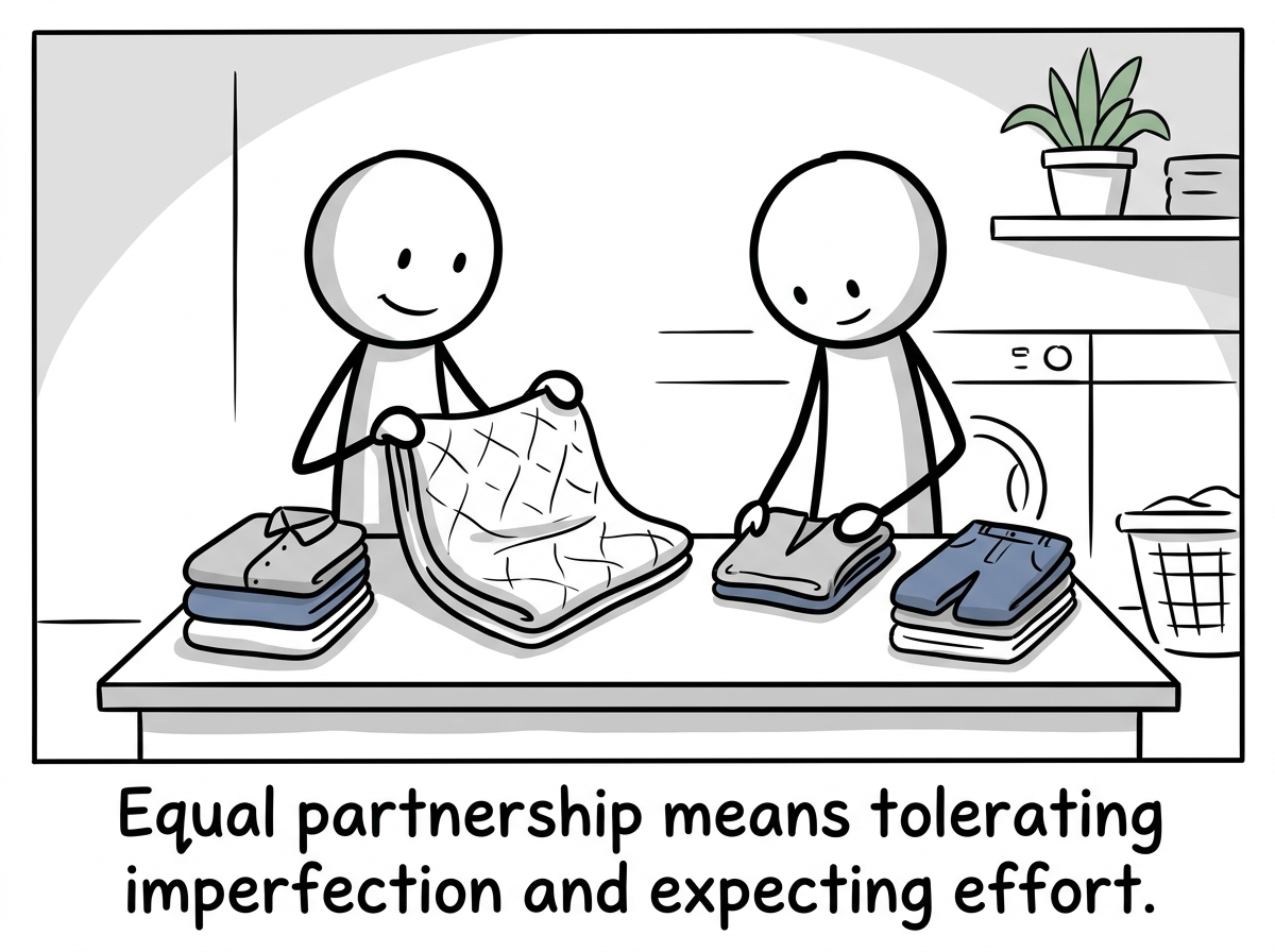 Both figures folding laundry together, sharing the task equally, no smirks, no sighs, just partnership