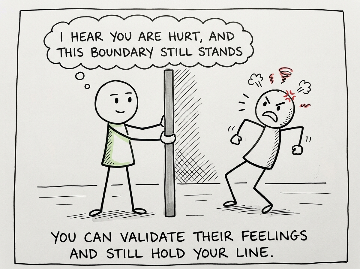 The stick figure holding their boundary steady while the other person gets upset, saying 'I hear you are hurt, and this boundary still stands'