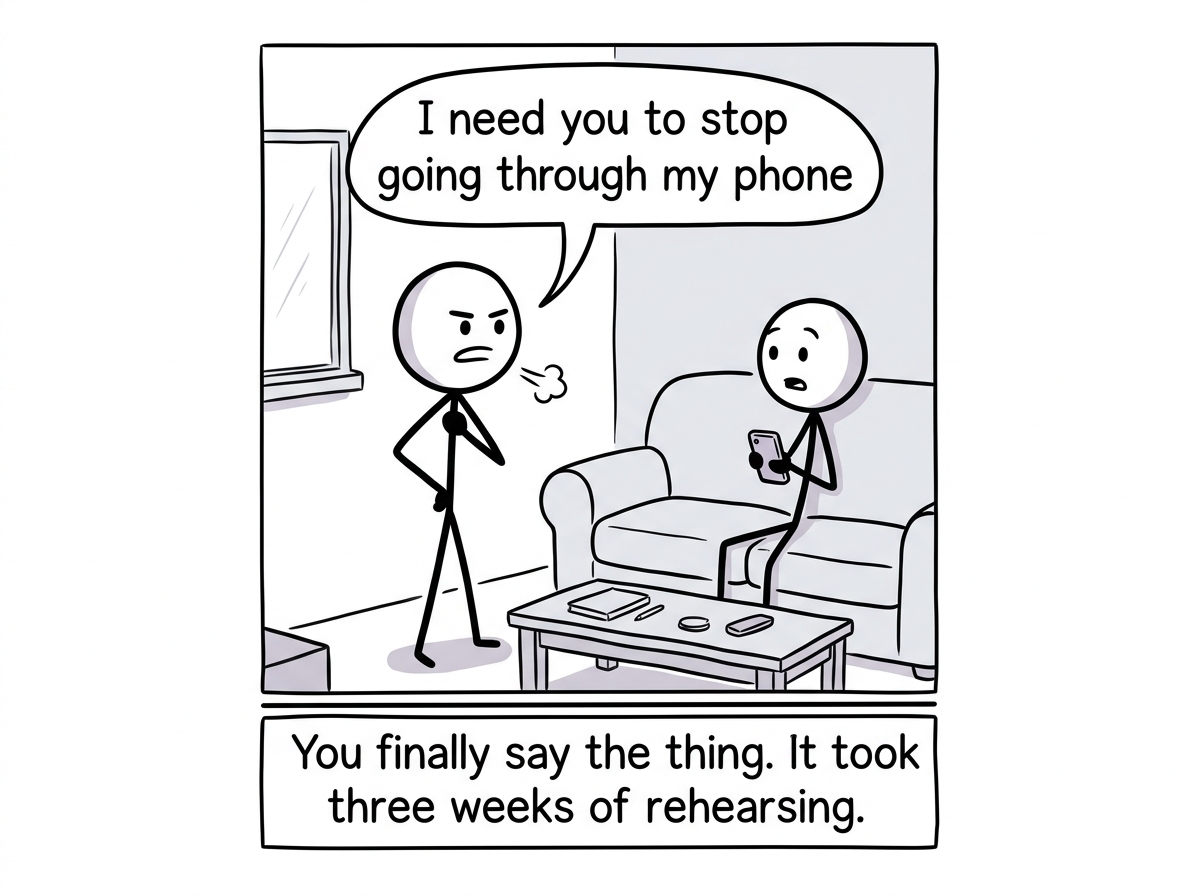 A stick figure taking a deep breath and bravely saying 'I need you to stop going through my phone' with a small determined expression