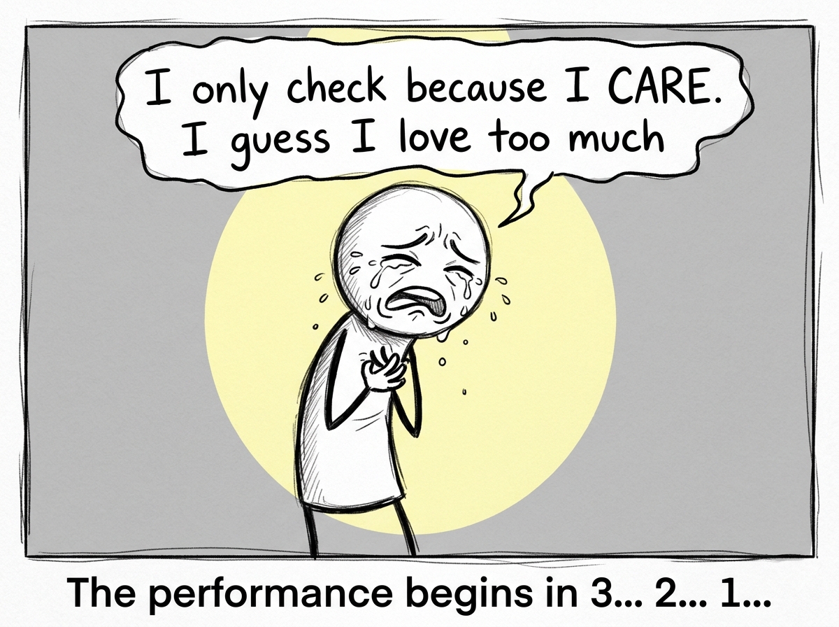 Their partner's face crumbling into dramatic tears with a speech bubble saying 'I only check because I CARE. I guess I love too much' while theatrical spotlight appears on them