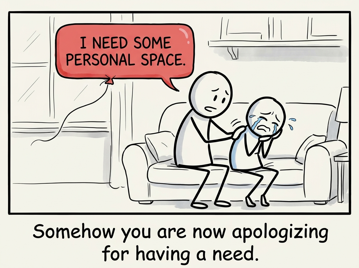 The boundary-setter now comforting their crying partner, patting their back, with their original boundary floating away like a released balloon