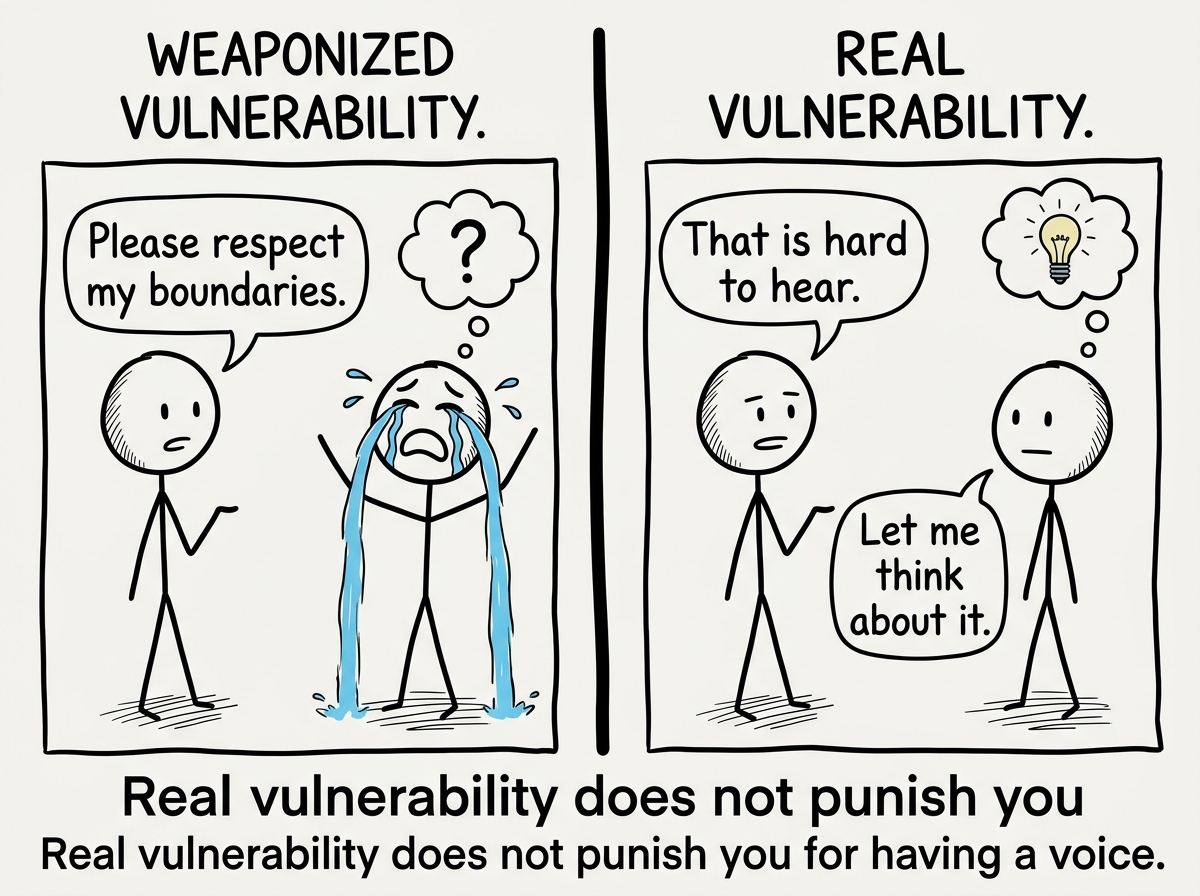 A split panel showing the difference: on the left, weaponized vulnerability where tears appear only when boundaries are set, and on the right, real vulnerability where someone says 'That is hard to hear. Let me think about it.'