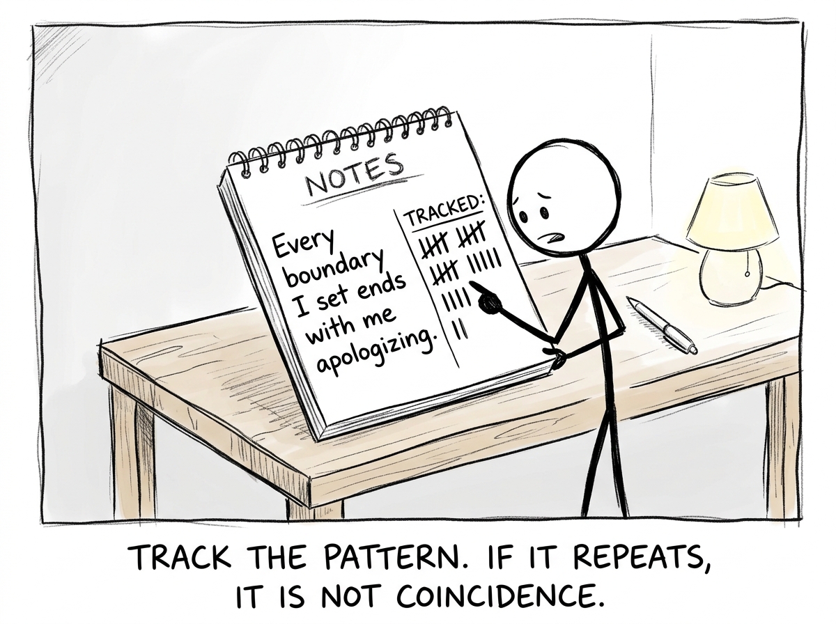 A stick figure noticing the pattern: 'Every boundary I set ends with me apologizing,' written on a notepad with multiple tally marks