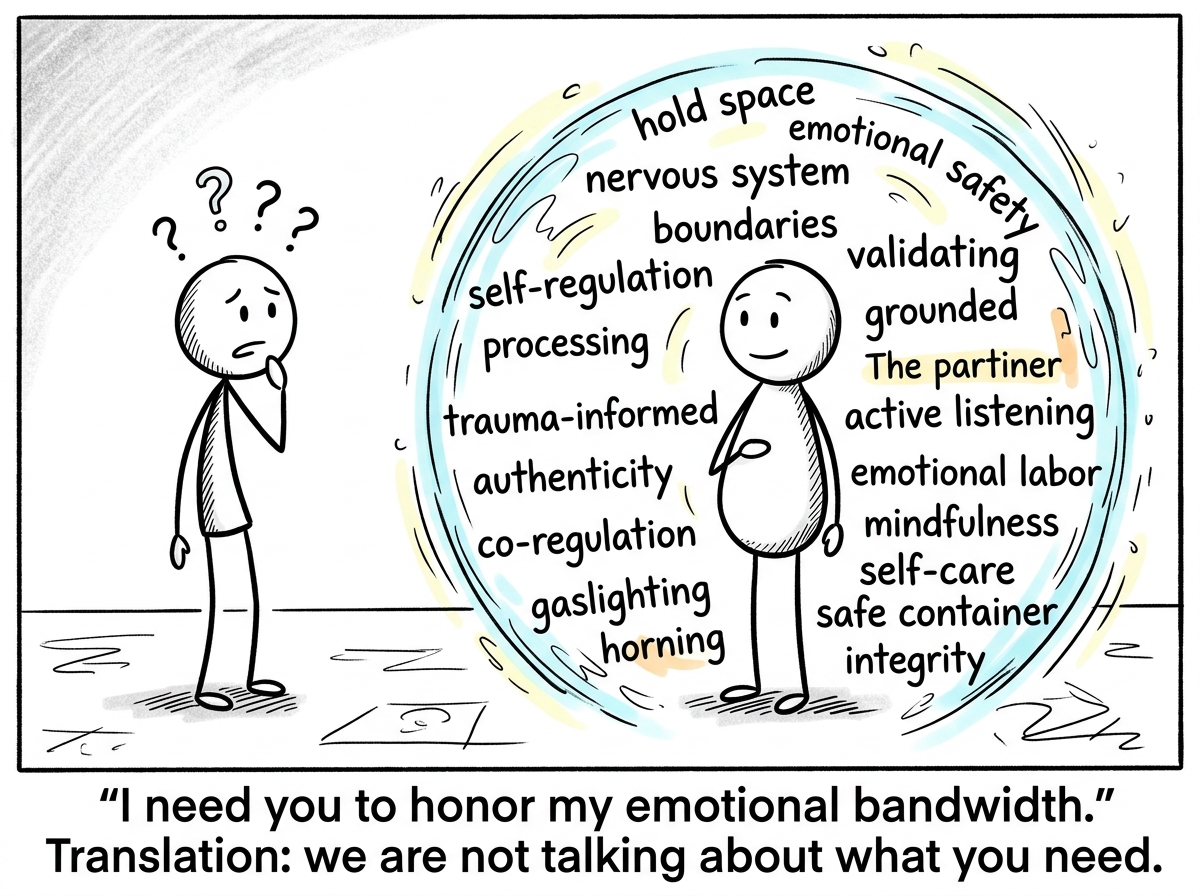 The partner now surrounded by floating therapy buzzwords like 'hold space,' 'emotional safety,' 'nervous system,' 'boundaries,' forming a protective force field while the first figure stands outside it looking confused