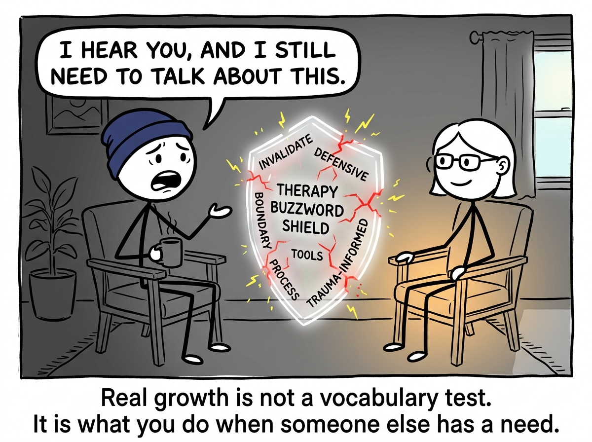 The first figure saying 'I hear you, AND I still need to talk about this' while the therapy buzzword shield flickers and starts to crack