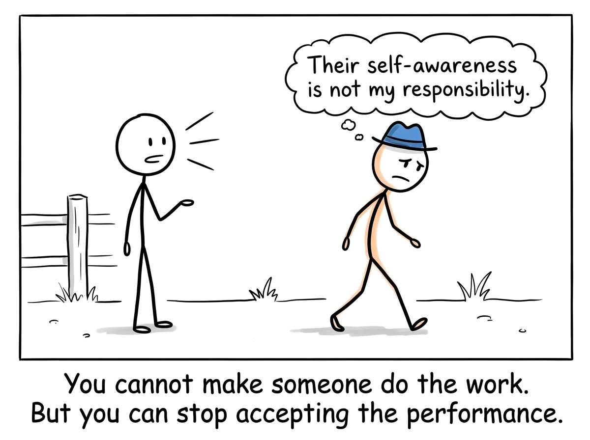 The stick figure walking away from a conversation where the other person refused to engage, thinking 'Their self-awareness is not my responsibility.' They look sad but clear