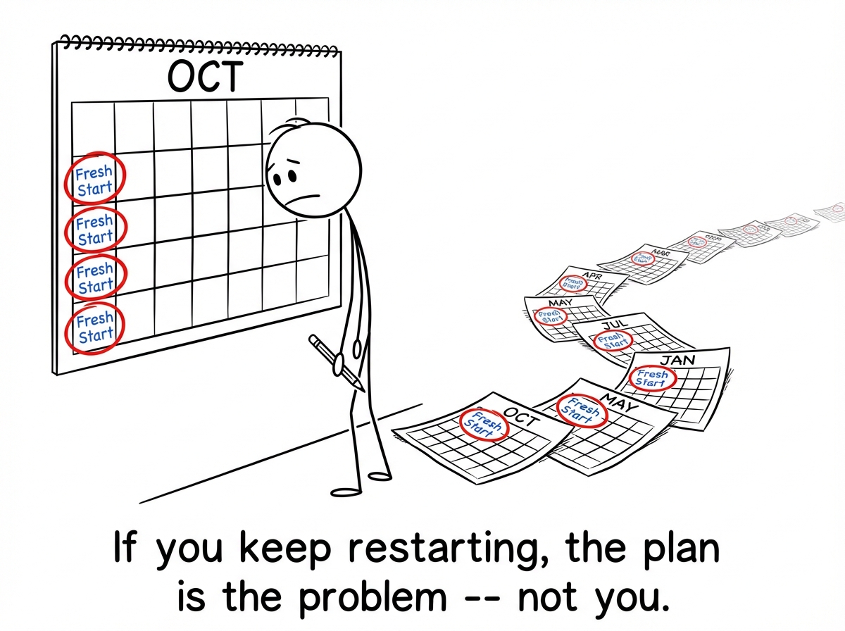 A stick figure standing in front of a calendar with every Monday circled and labeled 'Fresh Start.' The trail of abandoned Mondays stretches back for months