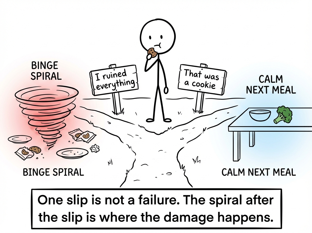 A stick figure eating a cookie and two paths diverge: one labeled 'I ruined everything' leading to a binge spiral, and one labeled 'That was a cookie' leading to a calm next meal