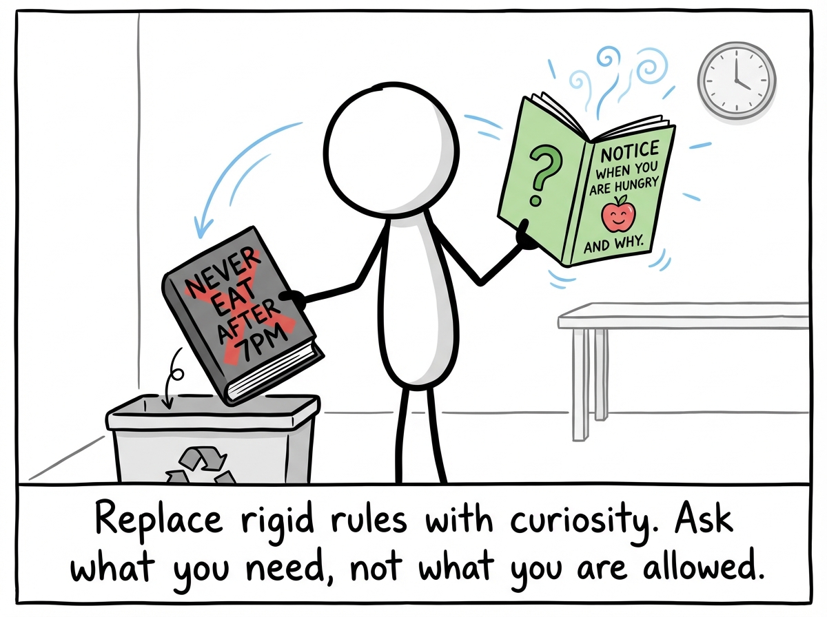 A stick figure replacing a rigid rulebook labeled 'Never eat after 7pm' with a flexible guidebook labeled 'Notice when you are hungry and why'