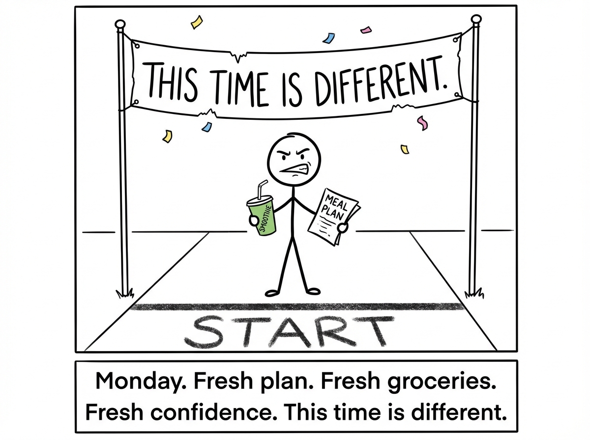 A stick figure on Monday morning, standing at a starting line with a green smoothie, a meal plan, and a determined expression. A banner reads 'This Time Is Different.' Confetti falls