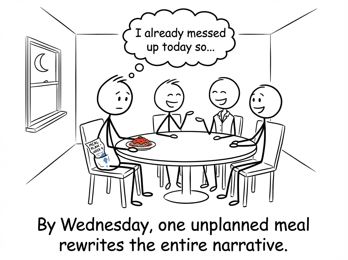 Wednesday evening. The stick figure sits at a dinner table with coworkers, a plate of pasta in front of them. The meal plan is crumpled in their pocket. A thought bubble reads 'I already messed up today so...'