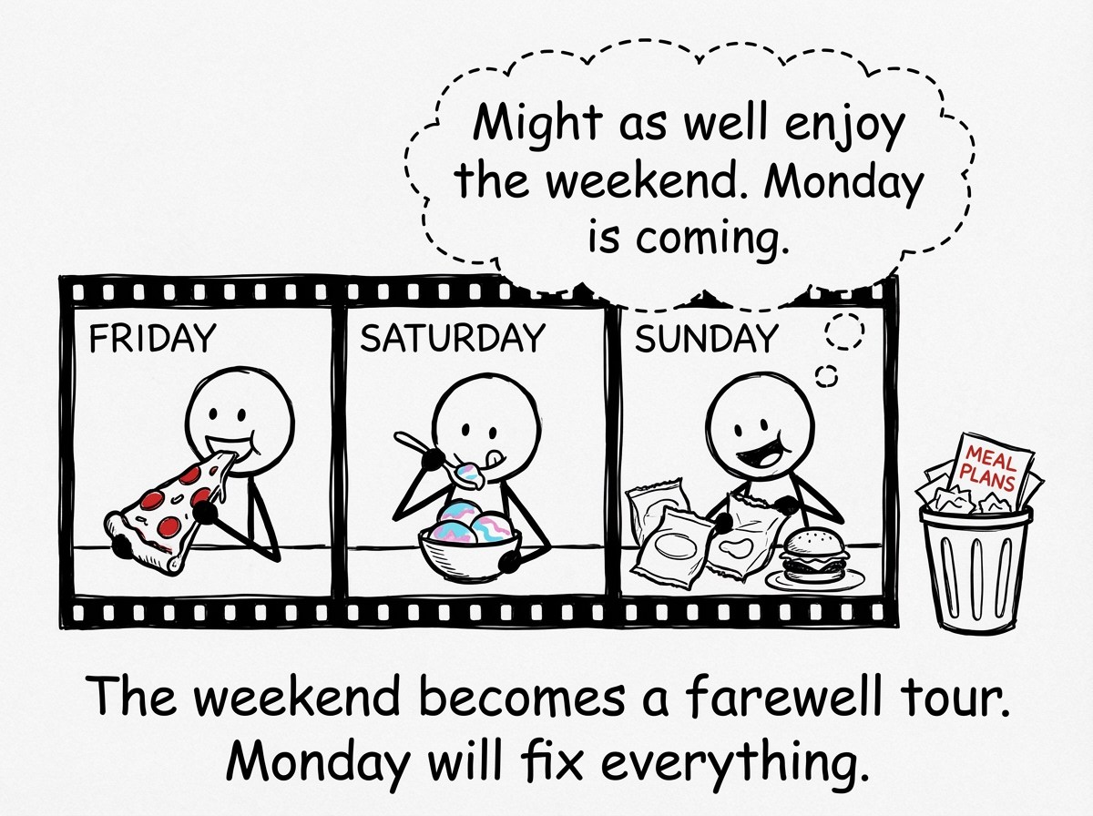 Friday through Sunday montage. The stick figure is eating freely -- pizza, ice cream, snacks -- with a thought bubble reading 'Might as well enjoy the weekend. Monday is coming.' A trash can overflows with abandoned meal plans