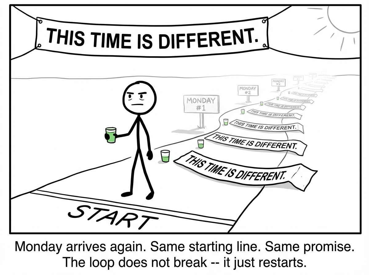 Monday again. The same stick figure at the same starting line, same green smoothie, same banner reading 'This Time Is Different.' Behind them, a trail of identical Mondays stretches into the distance, each one abandoned. The figure does not look back