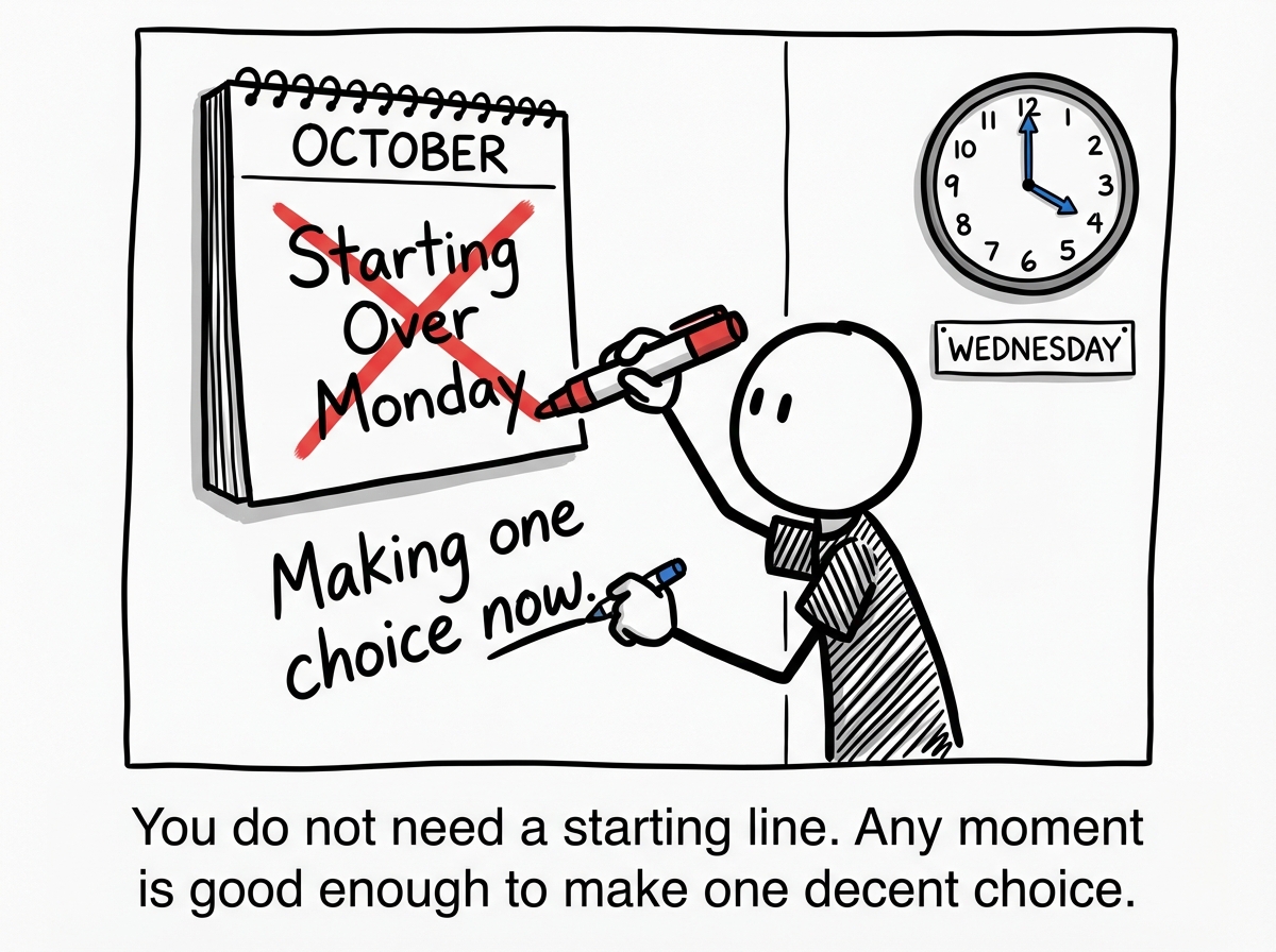 A stick figure crossing out the words 'Starting Over Monday' and writing instead 'Making one choice now' on a Wednesday afternoon