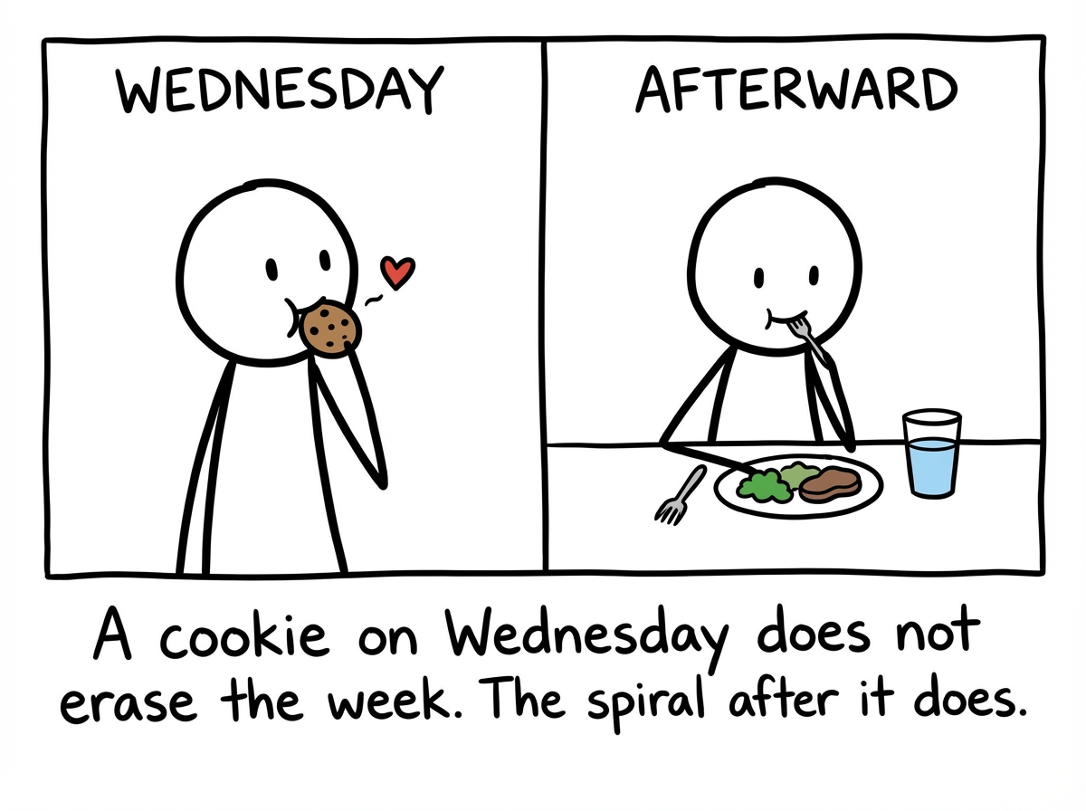 A stick figure eating a cookie on Wednesday and then calmly eating a normal dinner afterward. No spiral. No Monday reset needed