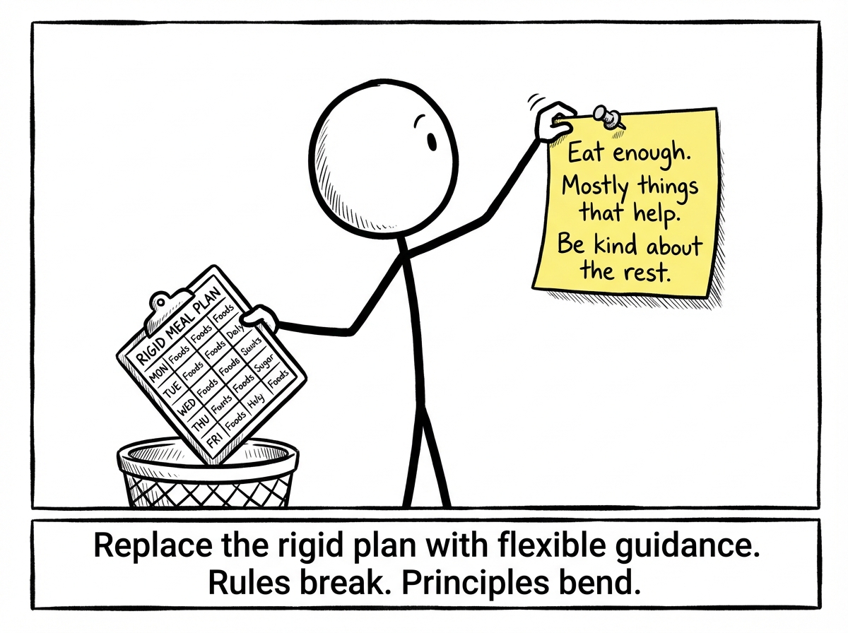 A stick figure replacing a rigid meal plan with a simple sticky note that says 'Eat enough. Mostly things that help. Be kind about the rest'