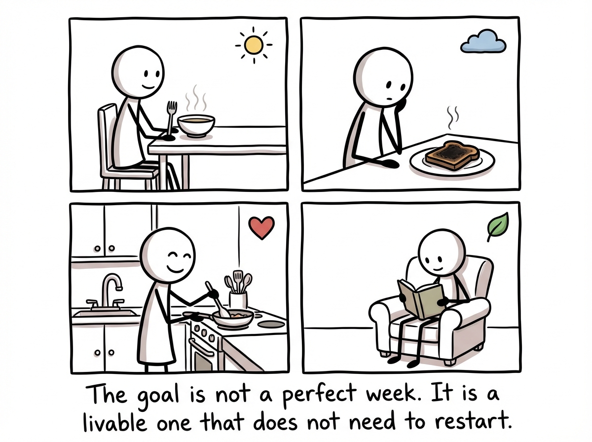 A stick figure living through a normal week -- some good meals, some less ideal, no starting line, no finish line. Just life. They look calm