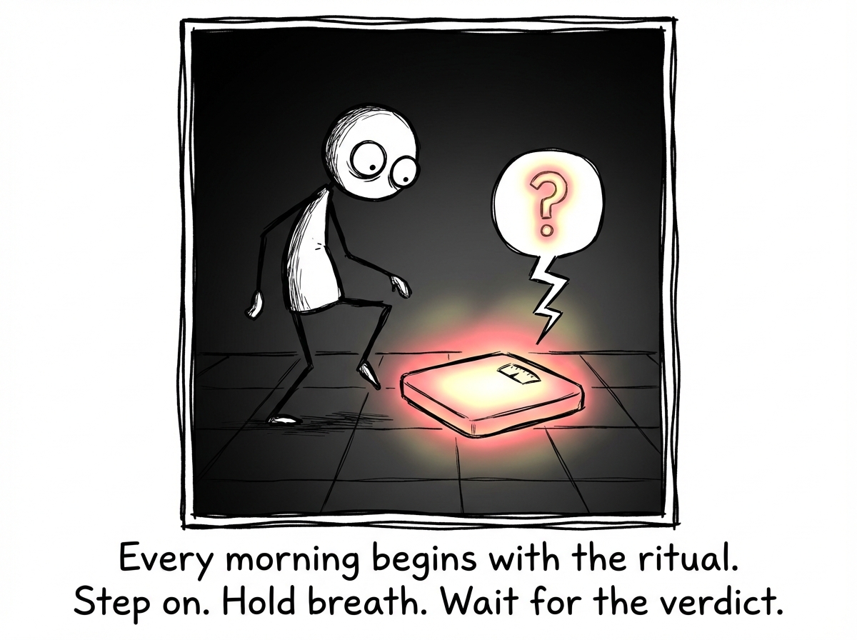 A stick figure tiptoeing toward a bathroom scale in the early morning darkness, nervous but compelled. The scale glows ominously like an oracle about to deliver a verdict