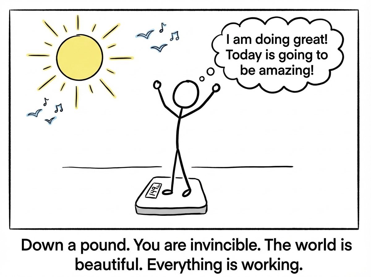 The scale reads one pound lower than yesterday. The stick figure erupts in joy -- arms raised, sunshine behind them, birds singing. A thought bubble reads 'I am doing great! Today is going to be amazing!'