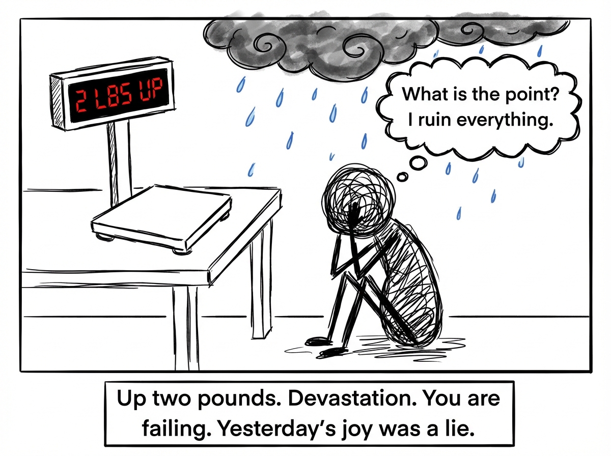 Next morning. The scale reads two pounds higher. The same stick figure is crumpled on the floor, storm clouds overhead, rain pouring. A thought bubble reads 'What is the point? I ruin everything'