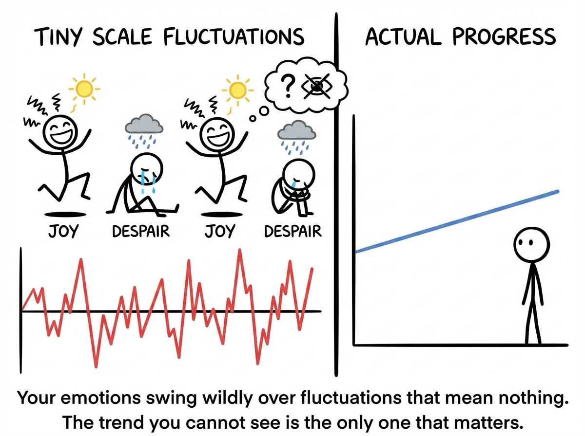 A split screen: on one side, the stick figure's wild emotional swings (joy, despair, joy, despair) mapped to tiny scale fluctuations. On the other side, a calm line labeled 'Actual progress' barely changes. The figure cannot see the calm line