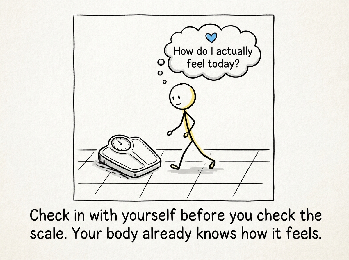 A stick figure stepping off the scale and asking 'How do I actually feel today?' before checking the number. The scale sits unused