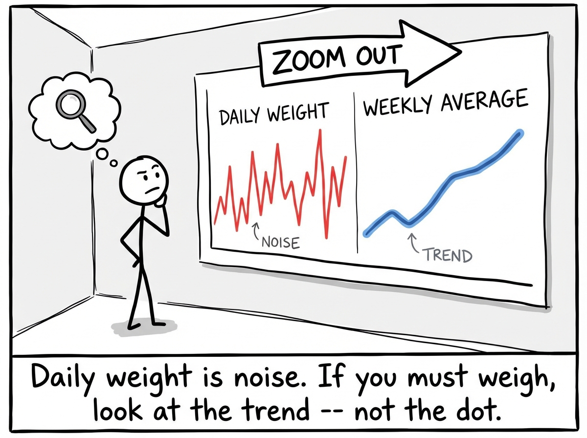 A stick figure looking at a graph showing daily weight zigzagging wildly but the weekly average moving steadily. A label reads 'Zoom out'