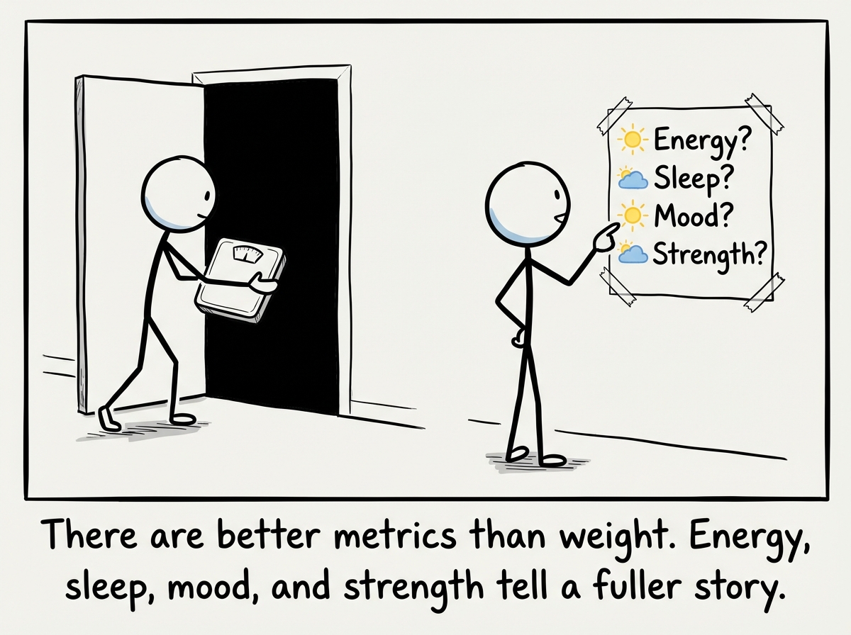 A stick figure putting the scale in a closet and replacing it with a list: 'Energy? Sleep? Mood? Strength?' These are the real metrics