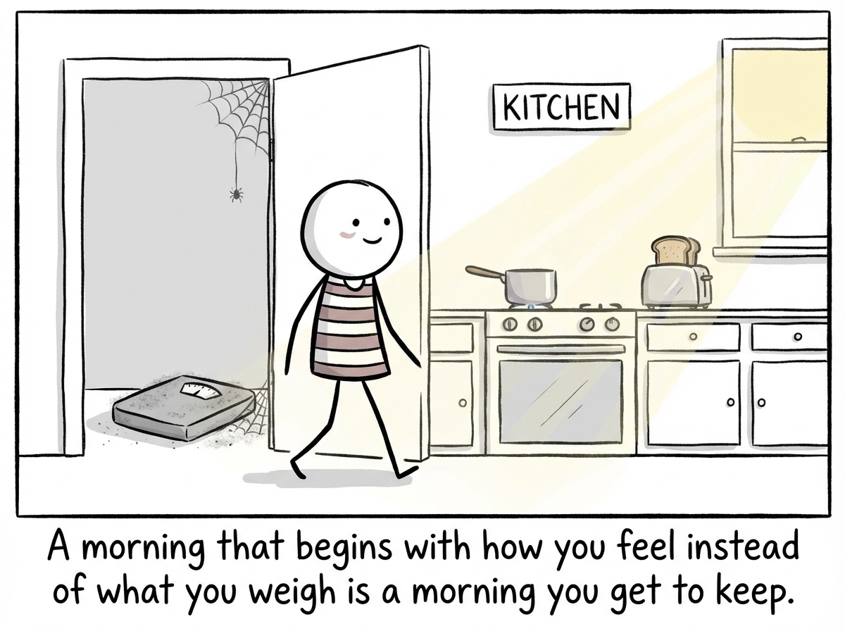 A stick figure walking past the bathroom without stepping on the scale, heading to the kitchen to make breakfast. A calm morning. The scale gathers dust