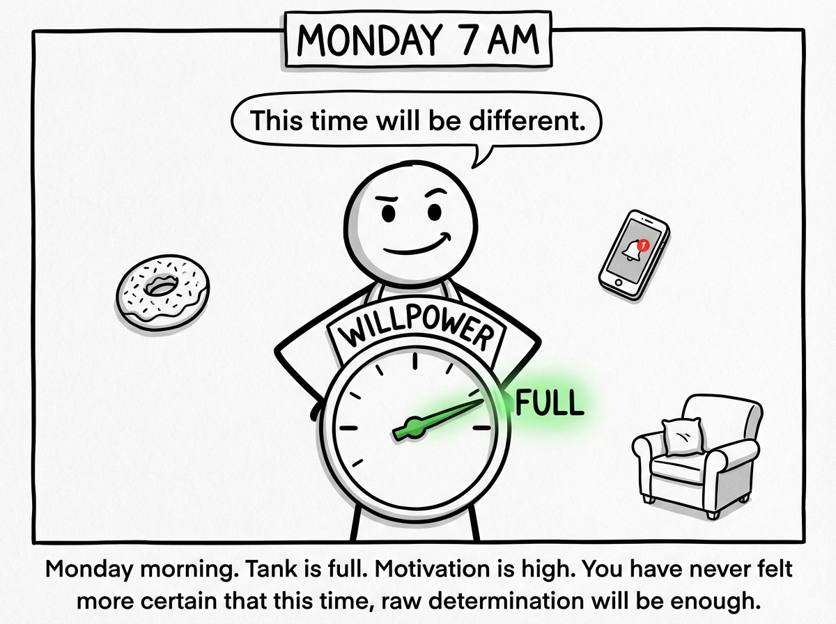 A stick figure standing tall on Monday morning with a large fuel gauge attached to their chest reading 'WILLPOWER' in bold letters. The needle is all the way to the right on 'FULL,' glowing green. The figure has a confident, almost smug expression with hands on hips. Around them are various temptations -- a donut, a phone with social media notifications, a couch -- all at a safe distance. A banner above reads 'MONDAY 7 AM' and the figure has a speech bubble saying 'This time will be different.'
