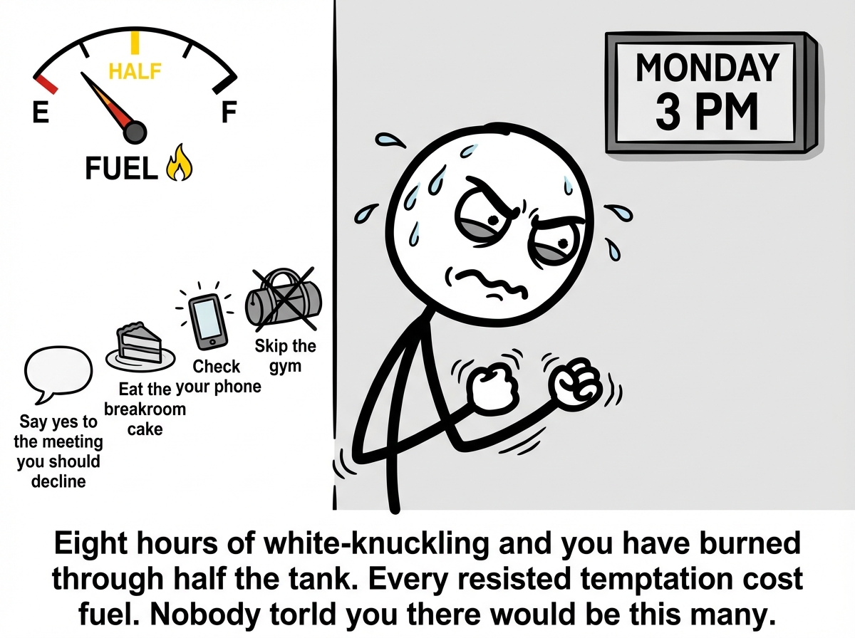 The same stick figure now visibly strained, fists clenched, jaw tight, actively resisting a parade of temptations marching past them. The fuel gauge has dropped to half, the needle now in yellow. Each temptation has a small label: 'Skip the gym,' 'Check your phone,' 'Eat the breakroom cake,' 'Say yes to the meeting you should decline.' Sweat drops fly off the figure. A clock on the wall reads 'MONDAY 3 PM' -- only eight hours have passed.
